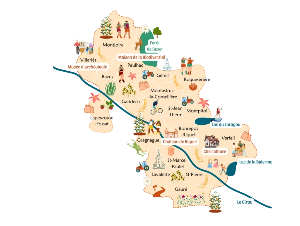 Carte du territoire des Coteaux du Girou : activités et tourisme